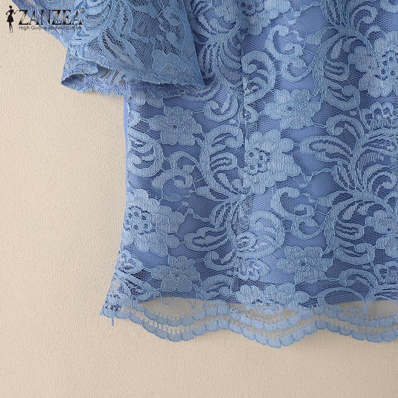 ZANZEA Женская повседневная блузка с круглым вырезом и коротким рукавом в стиле пэчворк из кружева
