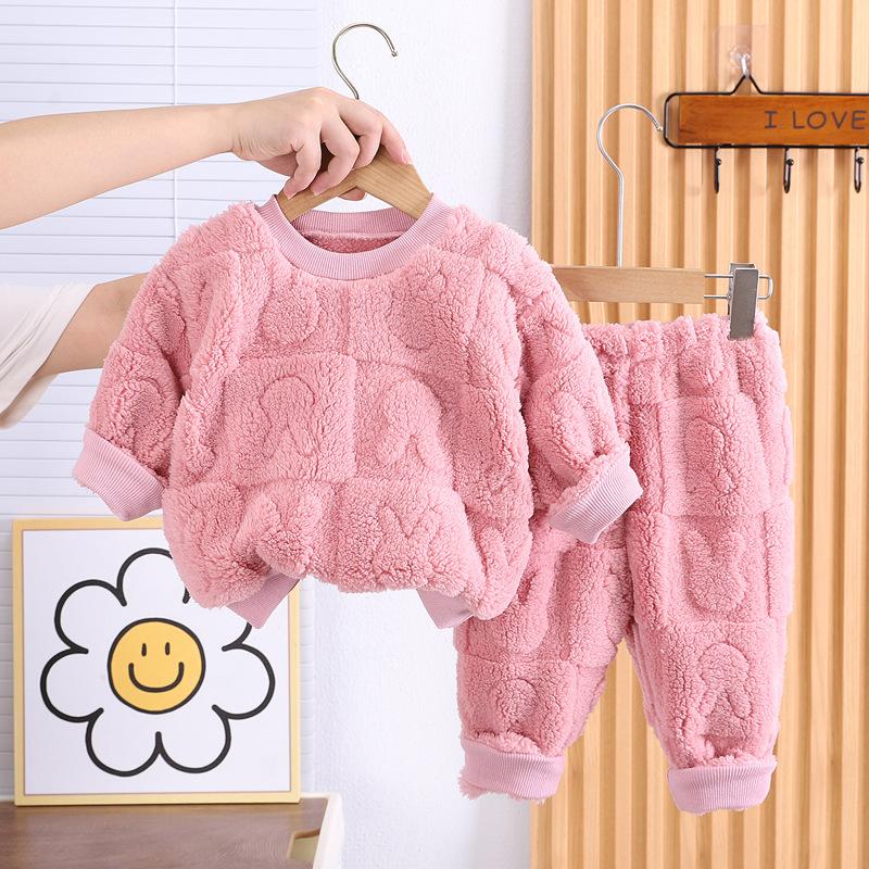 2 dona Bolalar Pijama To'plami Kuz Qish Qalin Issiq O-bo'yin Bir xil Rangli O'g'il Qizlar Termal Ichki Kiyim Uzun Yengli