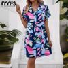 YYFS Женская мода лето весна цветочный узор принт короткий рукав ПОЛО шеи Высокая талия повседневные платья