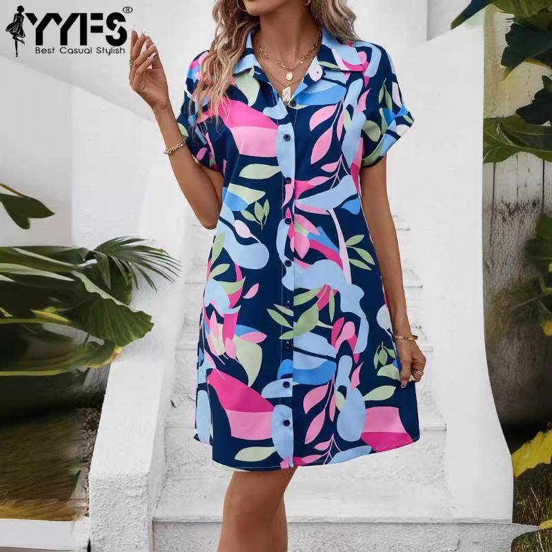 YYFS Женская мода лето весна цветочный узор принт короткий рукав ПОЛО шеи Высокая талия повседневные платья