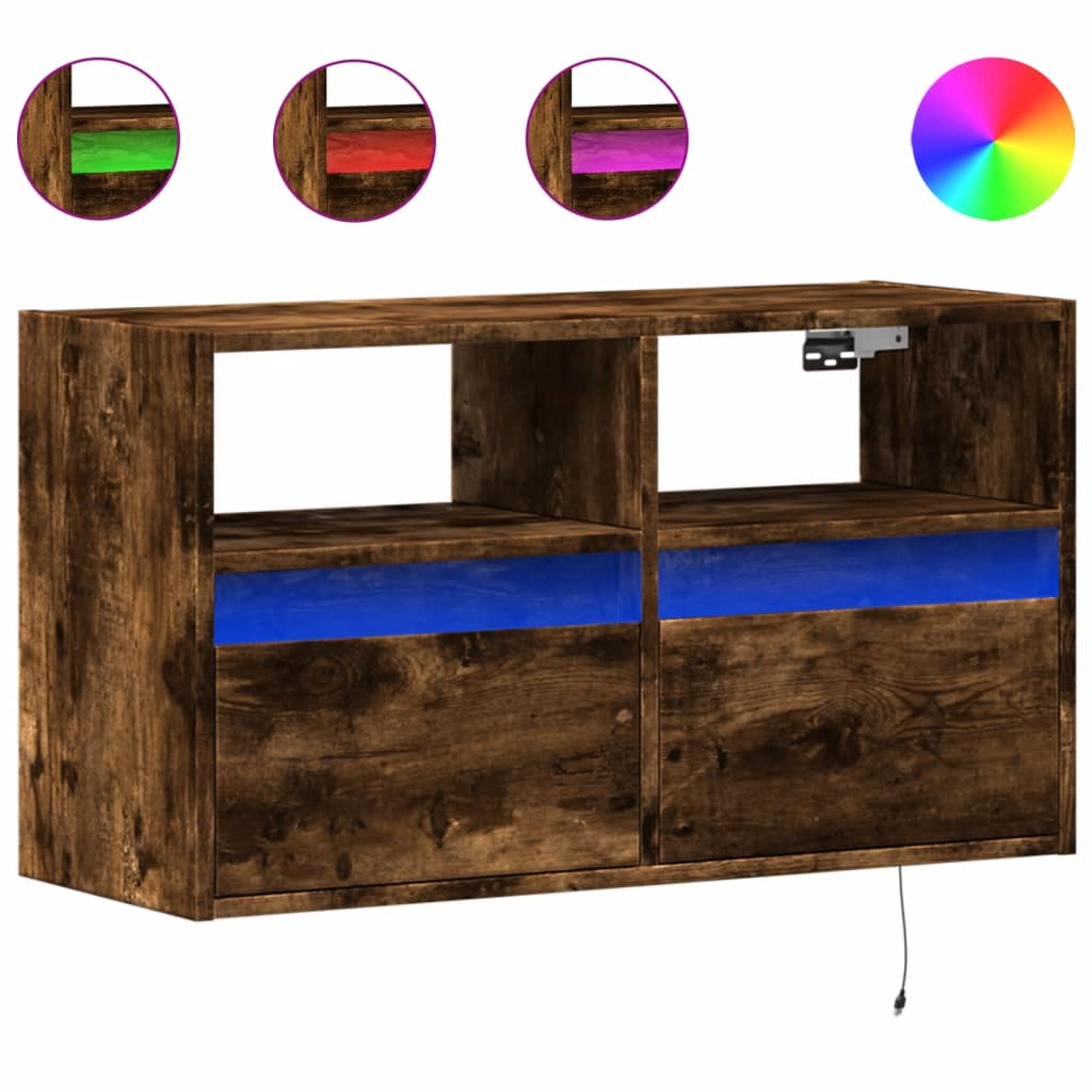 Настенный ТВ-шкаф со светодиодной подсветкой, Копченый дуб, 80 x 31 x 45 см