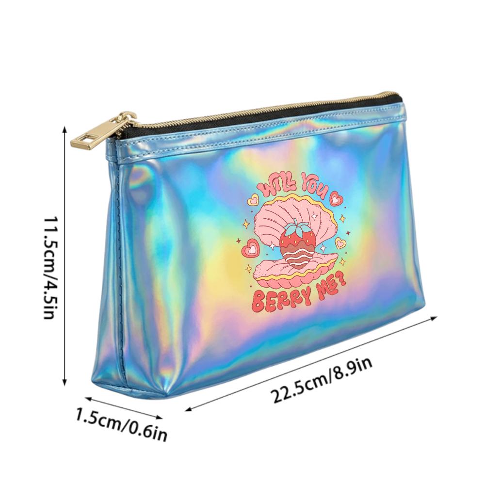 Retro Strawberry Pearl Shell Pattern Laser Cosmetic Makeup Bag, Holographic Travel Toiletry Pouch with Aesthetic Print for Girls Women Holiday Gift
