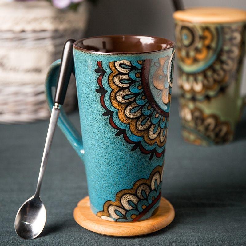 Большая керамическая кружка в скандинавском стиле с ложкой и крышкой – Креативная и персонализированная кофейная чашка