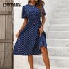 Ladies Spring and Summer New Elegant Polka Dot Short Sleeve Dress Range Waist Slim Small Swing A-line Dress Women