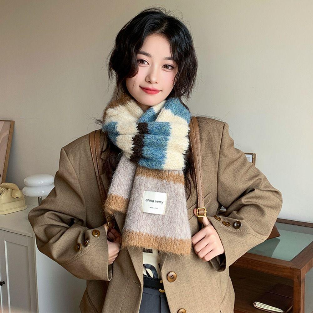 Thickened Knitted Stripe Scarf Korean Style Women Winter Scarves Multicolor Cashmere Shawl Student