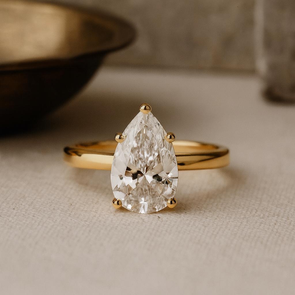 Pear Cut Moissanite Engagement Ring, Prong Set Bridal Jewelry, Solitaire Wedding Ring, Yellow Gold Plated Silver
