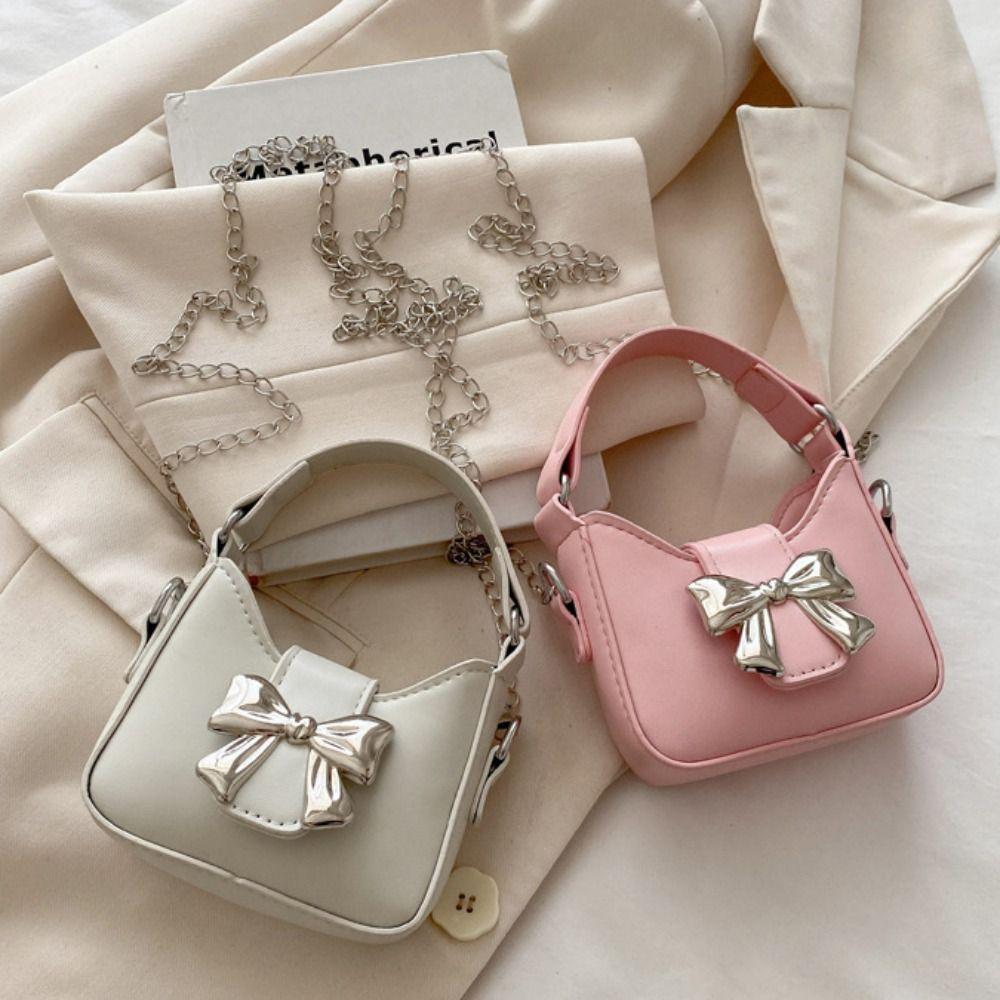 Pu Leather Bow Buckle PU Bag Mini Women's Shoulder Bag Simple Silver Bucket Bag Women