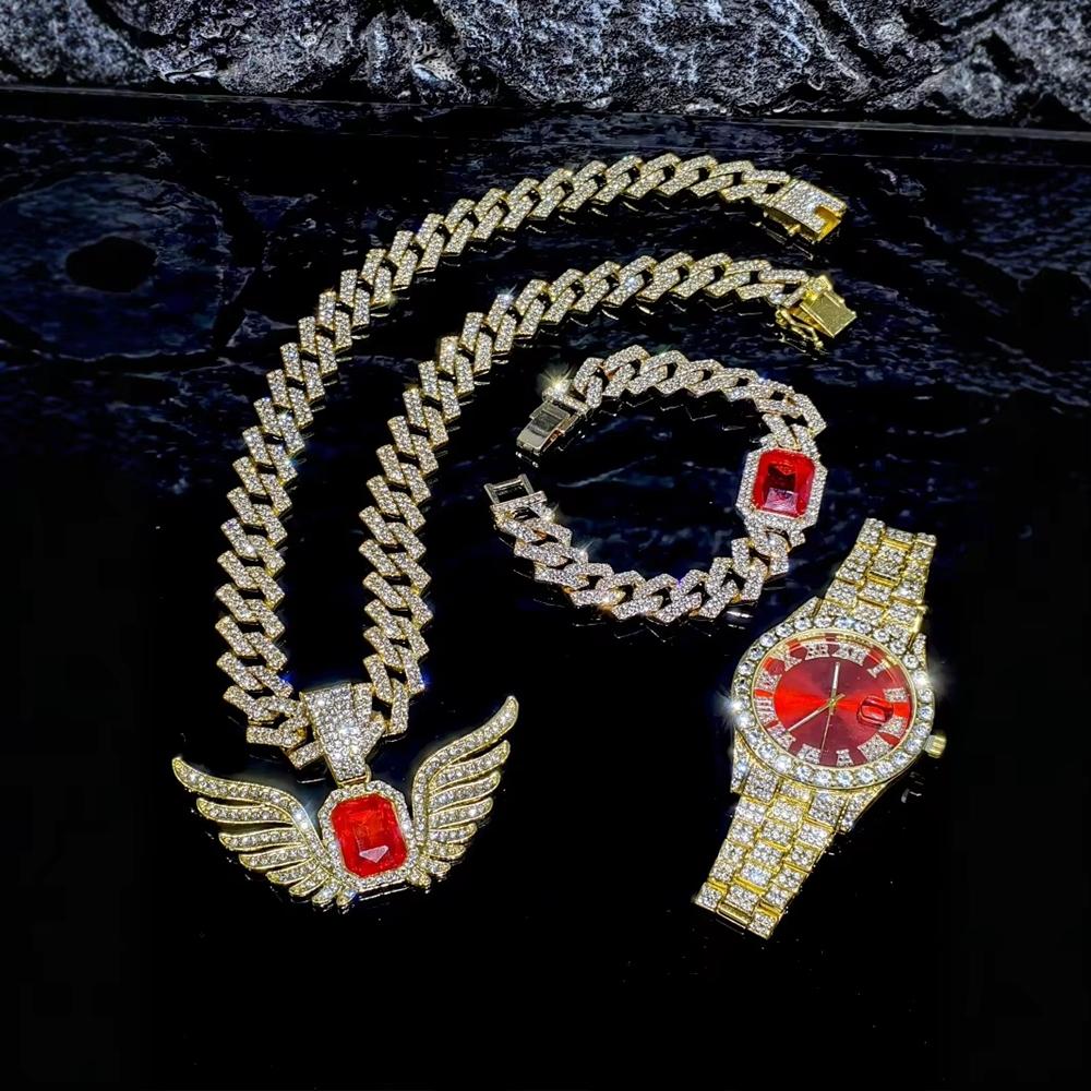 Stock Gold Men's Jewelry Set Alloy and Bling Rhinestone Iced Out Hip Hop Quartz Watch Bracelet Wing Pendant Necklace