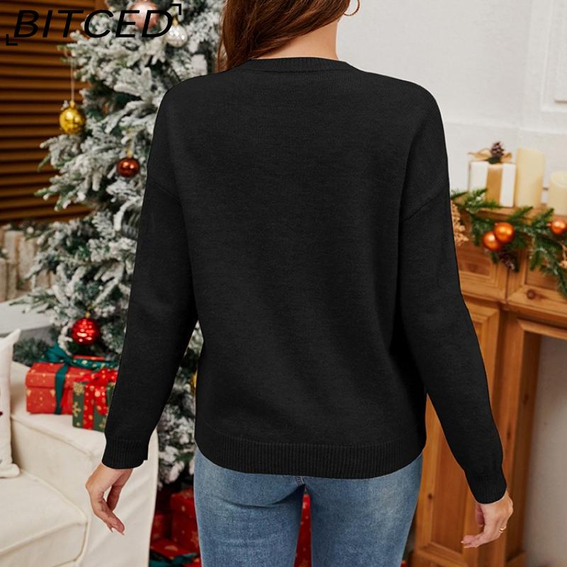 BITCED Christmas Candy Cane Bow Sequined Women's Knitwear Autumn/Winter Fashion O-Neck Long-Sleeved Knit Jumper