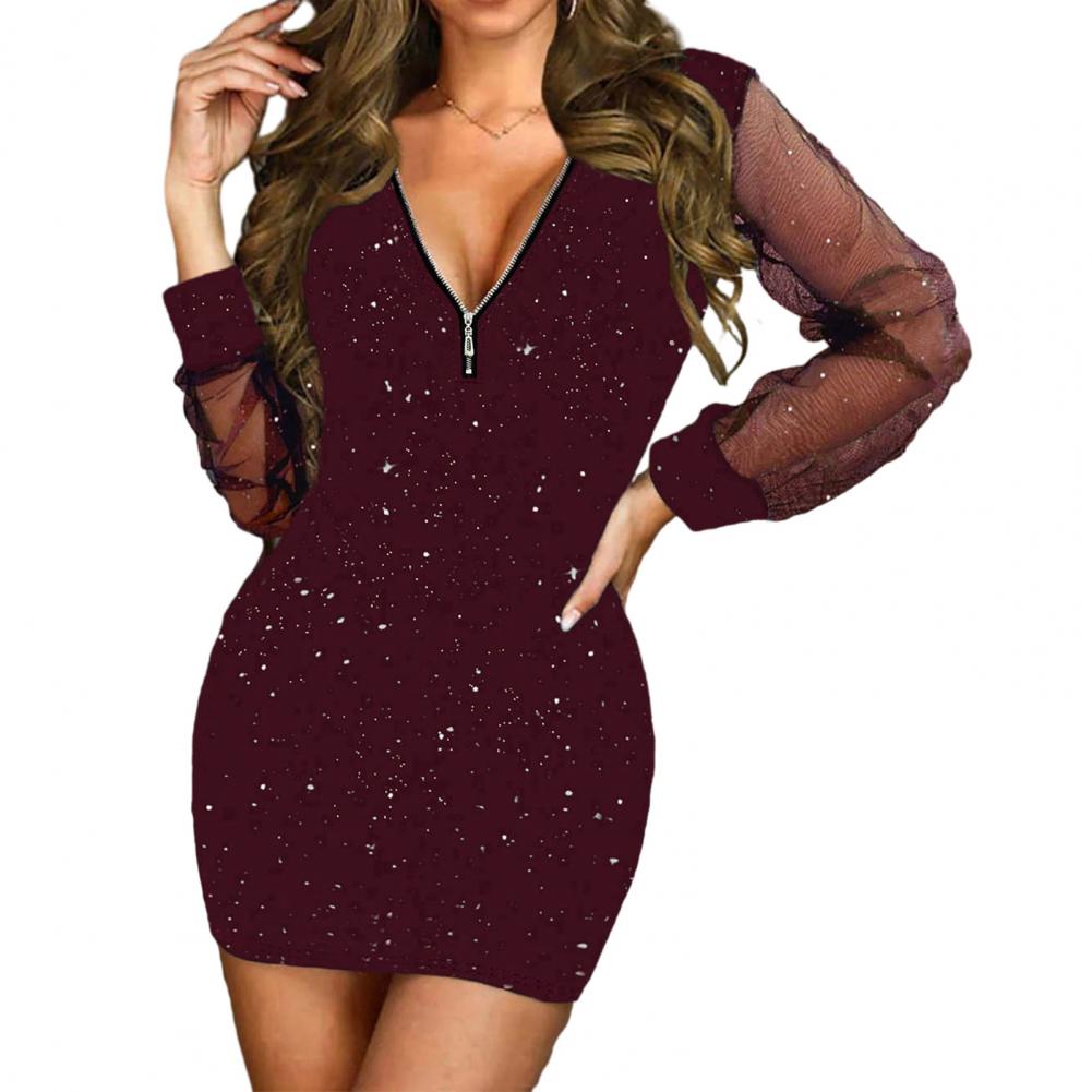 Women Dress Zipper V Neck See-through Mesh Patchwork Long Sleeve Sheath Slim Fit High Waist Shiny Sequin Lady Fall Spring Mini D