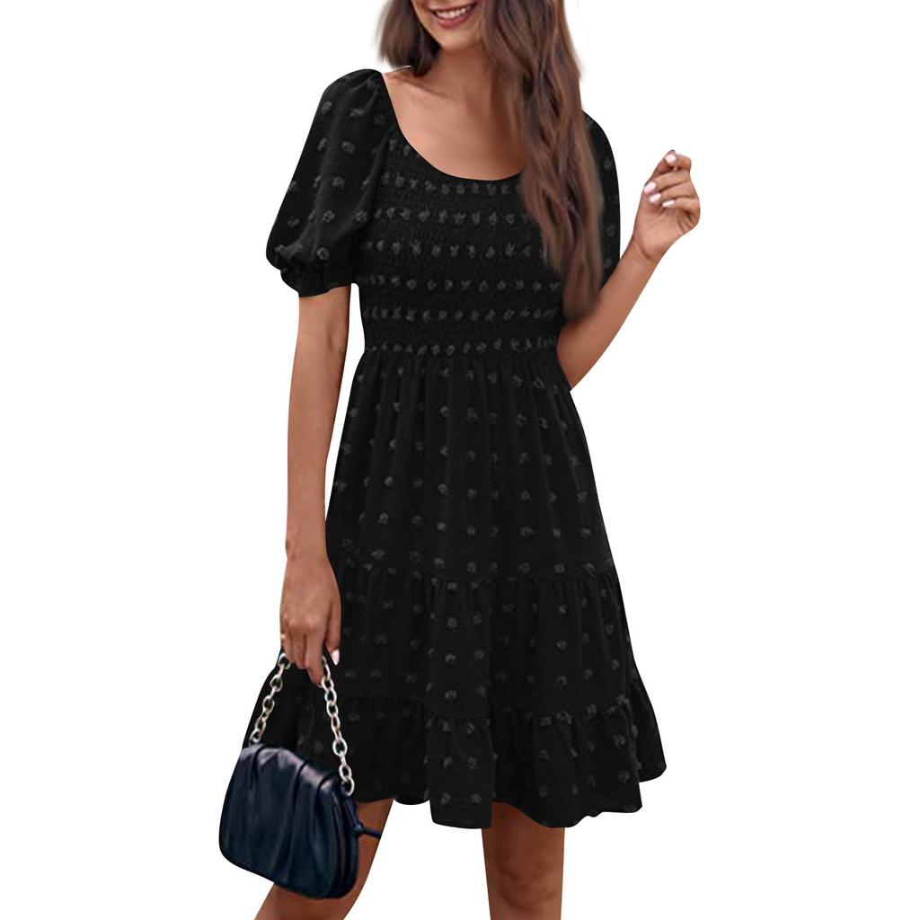 Женские модные повседневные однотонные платья с квадратным вырезом и коротким рукавом в горошек