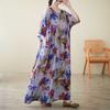 Богемное летнее платье для женщин Свободный крой V-образный вырез Короткий рукав Хлопок Лен Макси-платье Повседневное Пляжное Отпускное платье