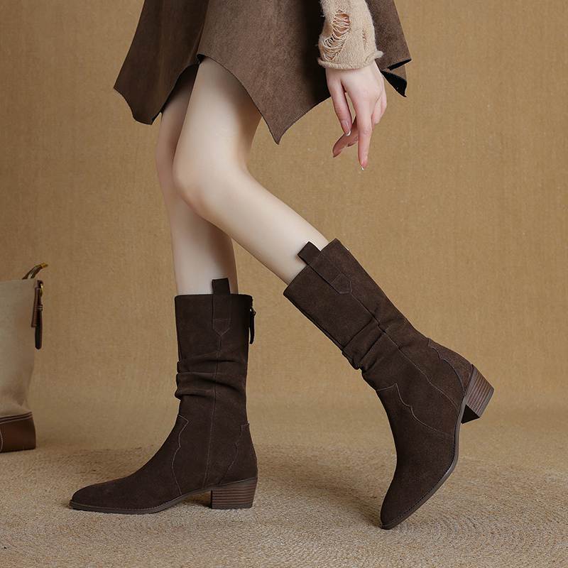 Krazing Pot Зимние женские сапоги из коровьей замши и нубука с круглым носком и средним каблуком, элегантные женские сапоги до середины голени в стиле ретро со складками