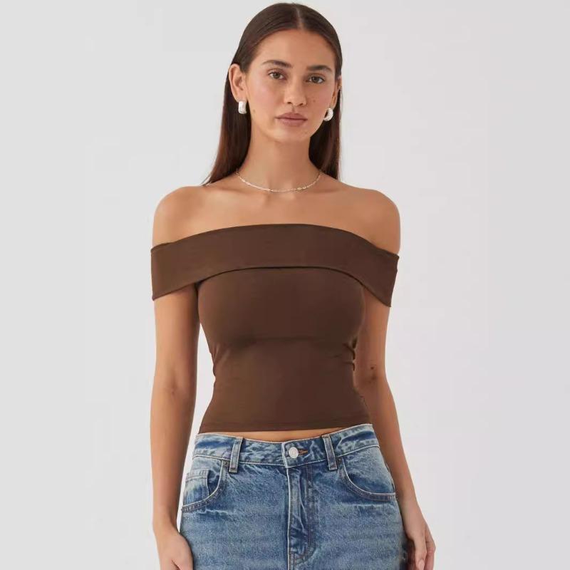 Летняя новая сексуальная футболка на одно плечо без бретелек, женская модная однотонная облегающая повседневная футболка, женская элегантная укороченная футболка с открытыми плечами 24770