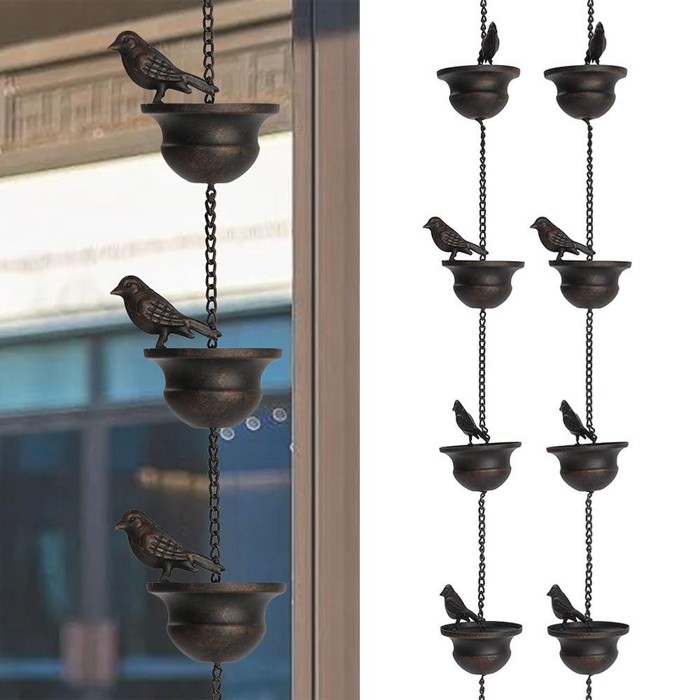 8 Feet Metal Rainwater Catcher Chain Mobile Drainage Rain Chain 8 Birds Cups Decoration Hangings for Outdoor Courtyard Garden