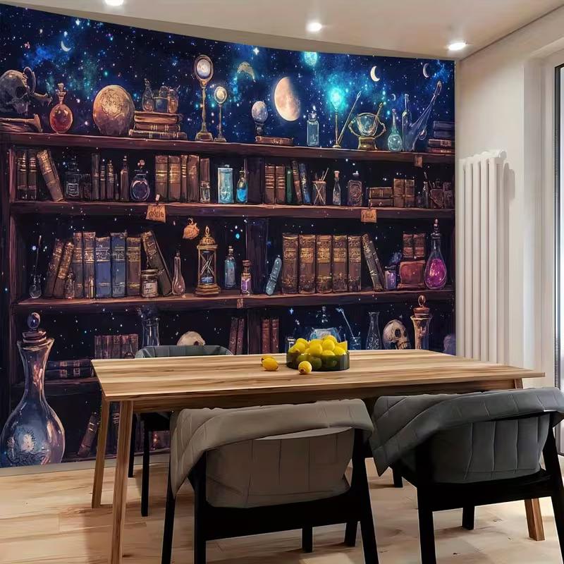2D Gothic Apothecary Bookshelf Backdrop, Starry Night Magic Room Background