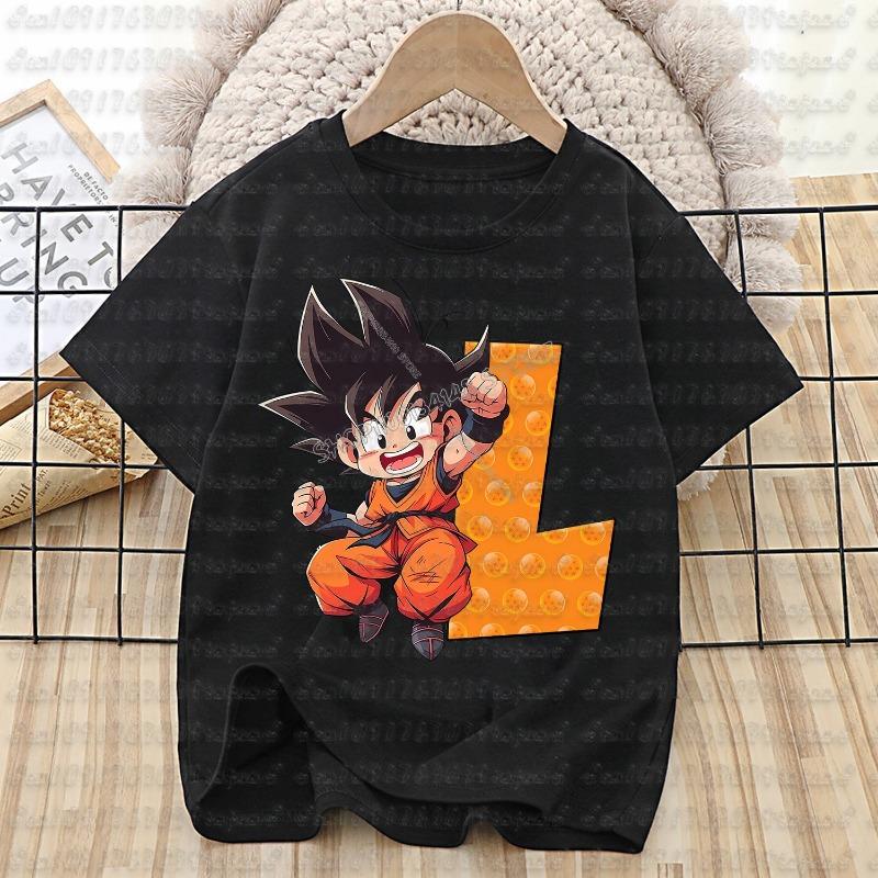 Футболка Dragon Ball Goku Хлопок Детская Буквы от A до Z Футболка Топ Черная Круглый Вырез Одежда Мальчики Девочки Лето Короткий Рукав Дети