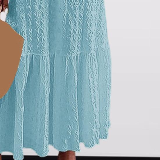 Женское летнее платье с V-образным вырезом и половиной рукавов, сплошной цвет, свободное трапециевидное лоскутное платье с рюшами до щиколотки, однобортное пляжное платье макси больших размеров