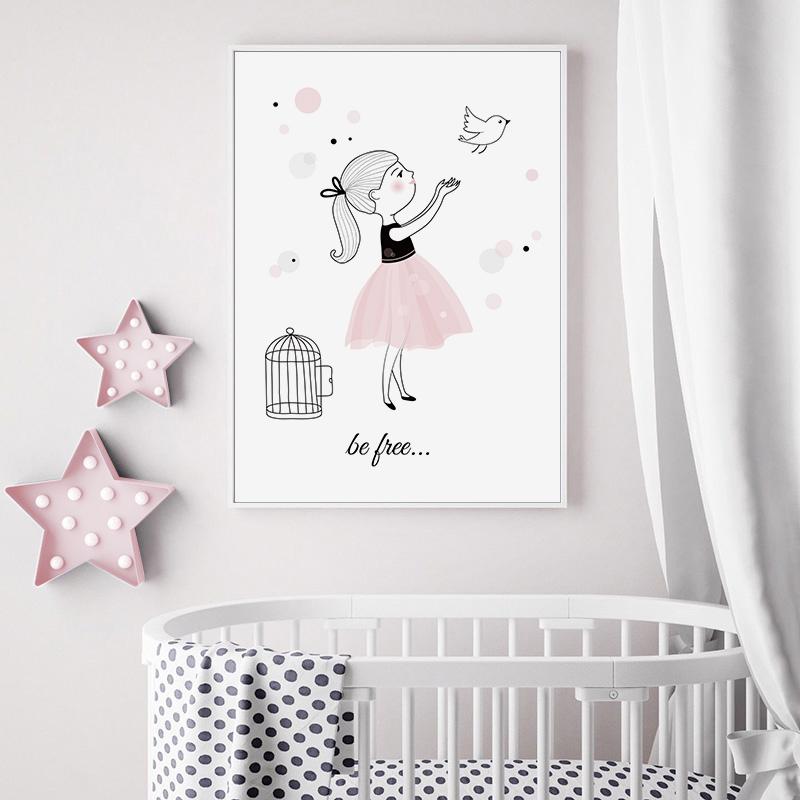 Розовый мультяшный холст для девочек, холст, постер, птицы, детская настенная живопись, постеры на скандинавскую тему и принты, настенные панно для детей, декор для детской спальни