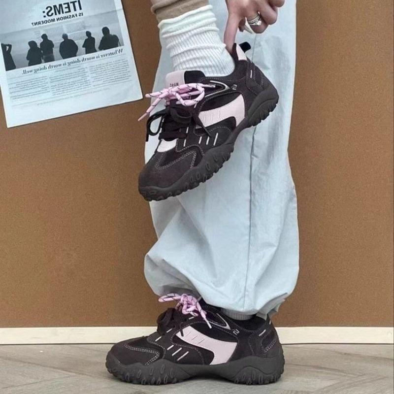 Fashion Women's Flat Sports Shoes Autumn New Round Head Splicing Front Lacing Soft Sole Anti-slip Wear-resistant Low-top Single Shoes