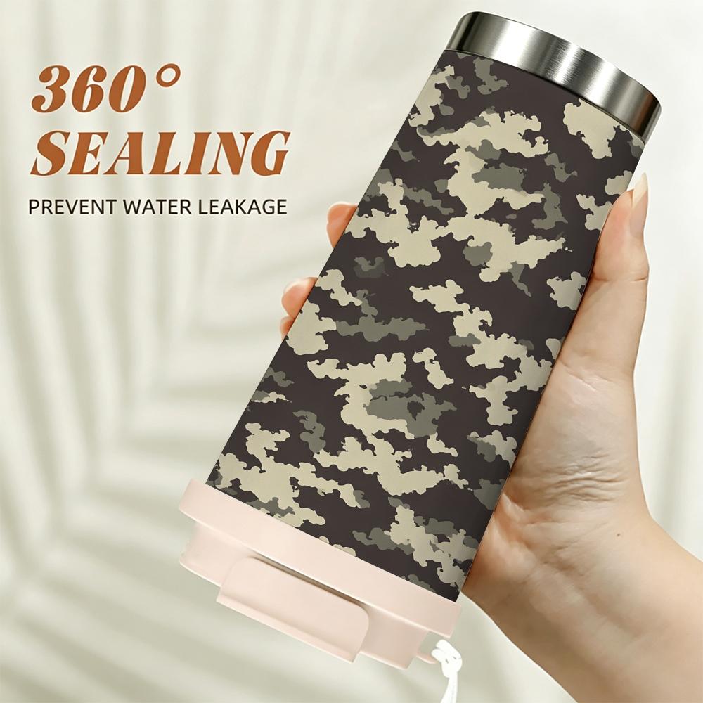 Camouflage Print Durable Travel Insulated Coffee Tumbler Vacuum Sealed Mug, Portable Leakproof Cup for Hiking Outdoor Sport
