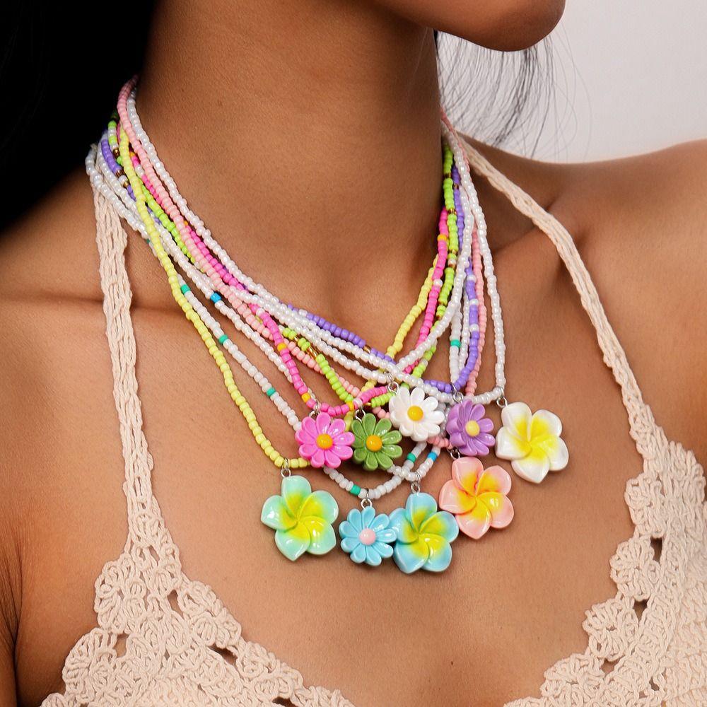 5Pcs Bohemia Flower Beaded Necklace Colorful Plumeria Necklace Fashion Bead Choker Daily Wear