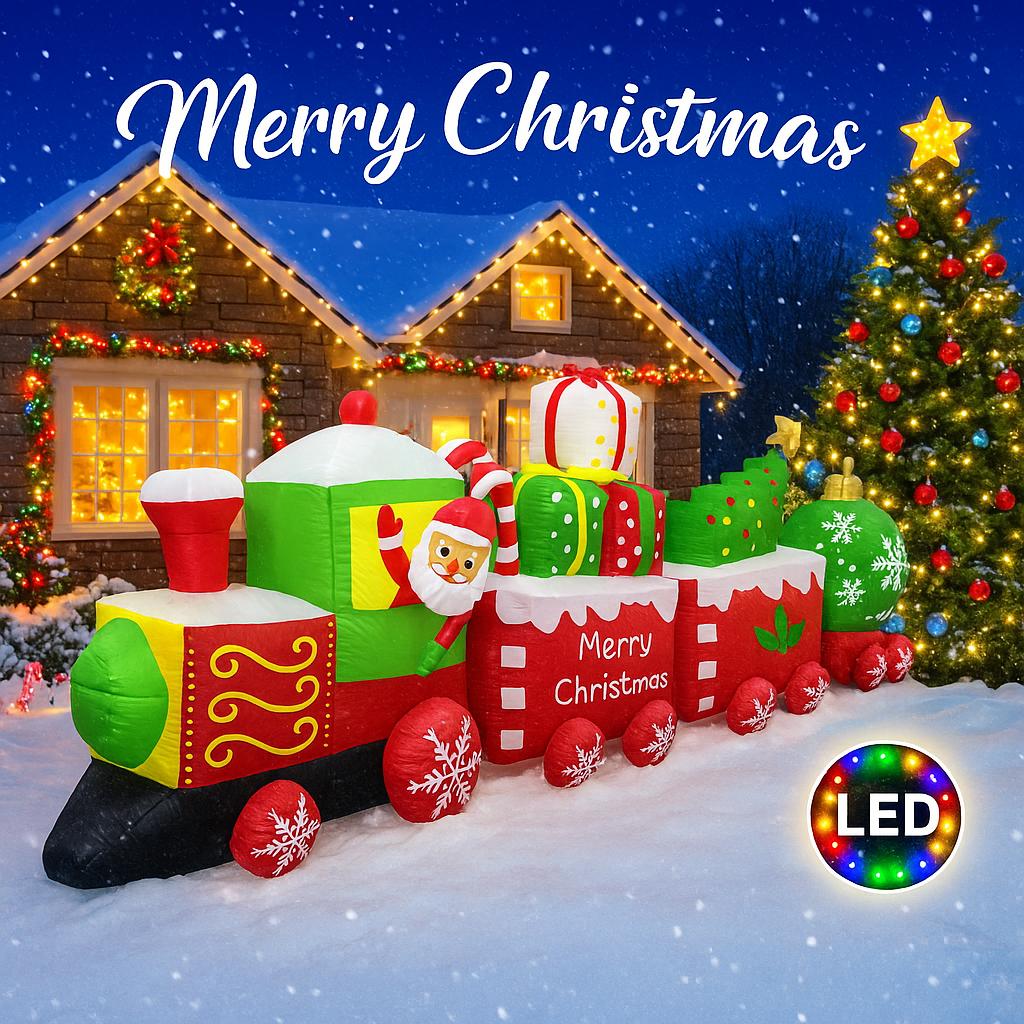 11.81FT Holiday Lighting With LED Lights Giant Christmas Inflatable Decoration Santa Train Xmas Garden Supplies Home Ornaments