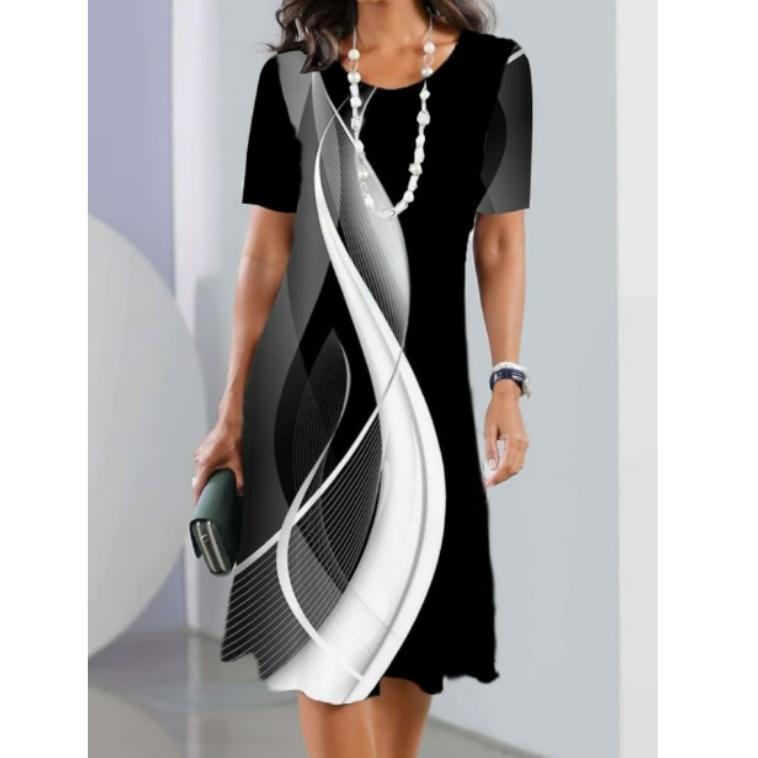 Women's Fashion Summer Spring Flower Pattern Print Short Sleeve O-Neck Casual Dresses