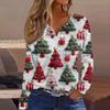 Women's Fashion Casual V-Neck Button-Up Long-Sleeve T-Shirt With Christmas Print Top