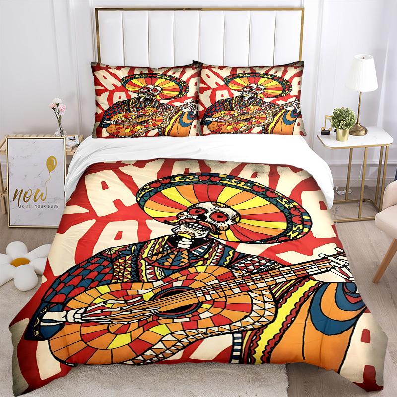 3pcs Day of the Dead Guitarist Bedding Set, Includes 1 Comforter + 2 Pillowcases, Without Pillow Inserts, Soft Comfortable, Lightweight Brea