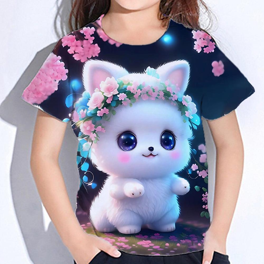 2025 Детская одежда Принт Одежда для девочек Модная блузка Kawaii Футболка Детская одежда Полиэстер Девушка Футболка с коротким рукавом