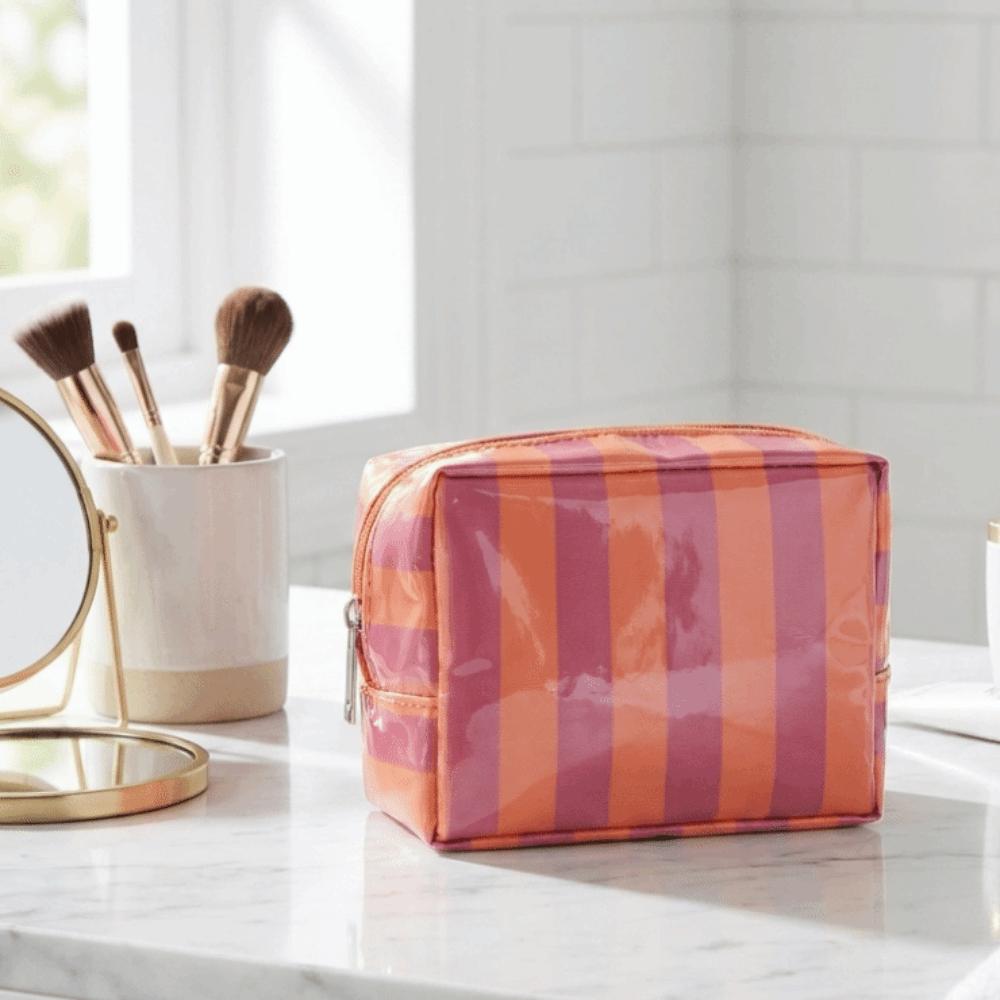 Portable PVC Striped Makeup Bag Mini Cosmetic Pouch Cute Toiletry Bag Daily Use