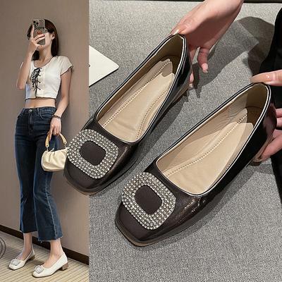 Французские женские туфли Xiaoxiangfeng 2025 новая популярная весенне-осенняя одинарная обувь универсальные стразы квадратный носок маленький толстый каблук большой размер