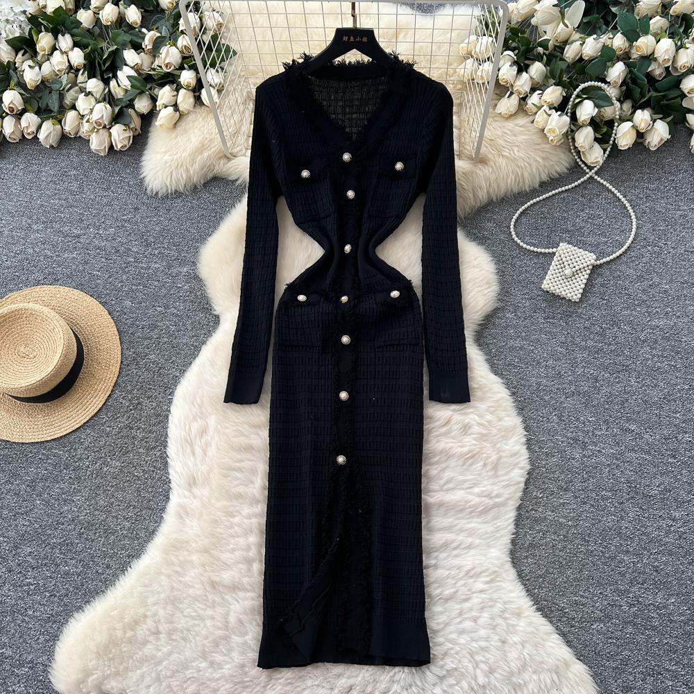 Новые женские платья Осень Зима Винтажное лоскутное вязаное миди-платье Элегантное платье-рубашка-свитер с V-образным вырезом и оборками