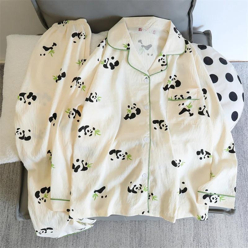 Print Cute Panda Women's Pajamas Set Autumn Spring Sleepwear Long Sleeve Tops and Pants Pajama 2 Piece Suit Nightwear Loungewear