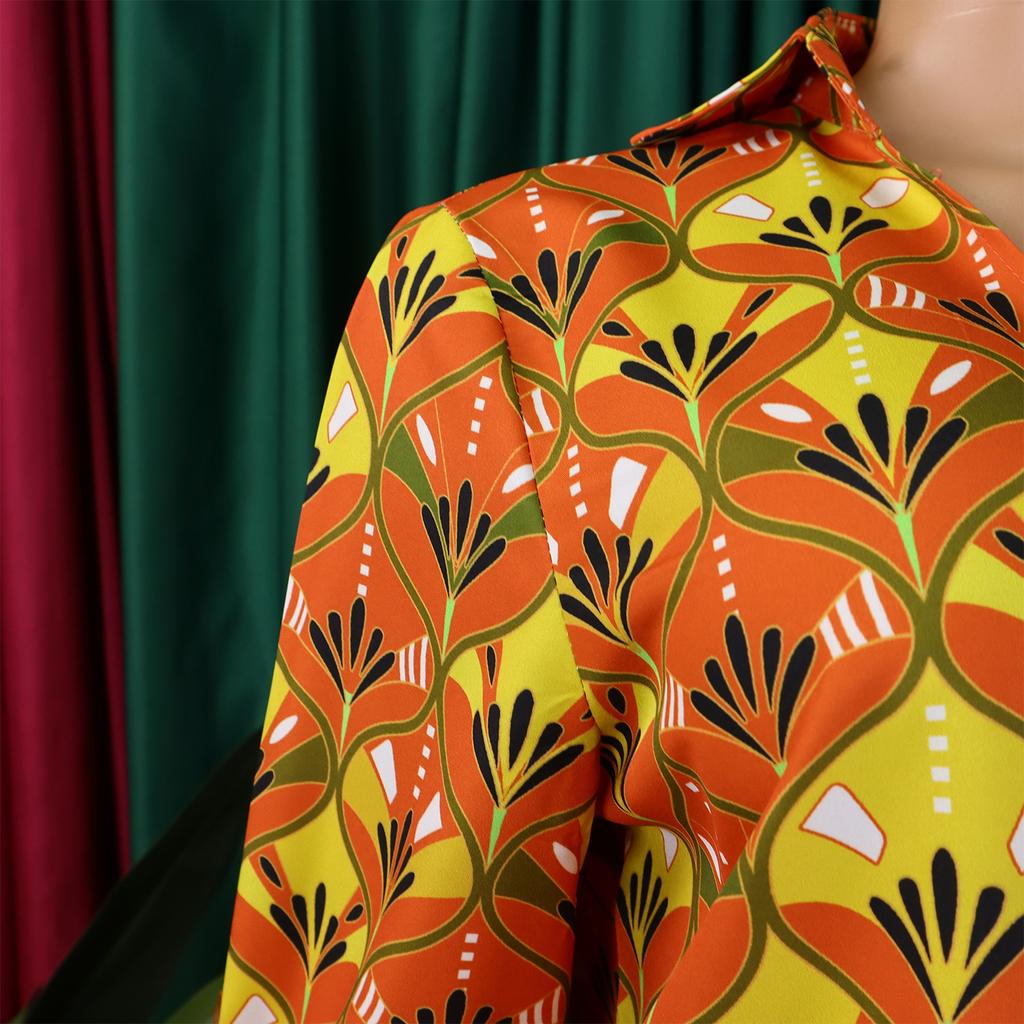 YYFS Женская мода повседневная весна осень цветные блоки принт длинный рукав поло воротник блузки и рубашки брюки костюмы