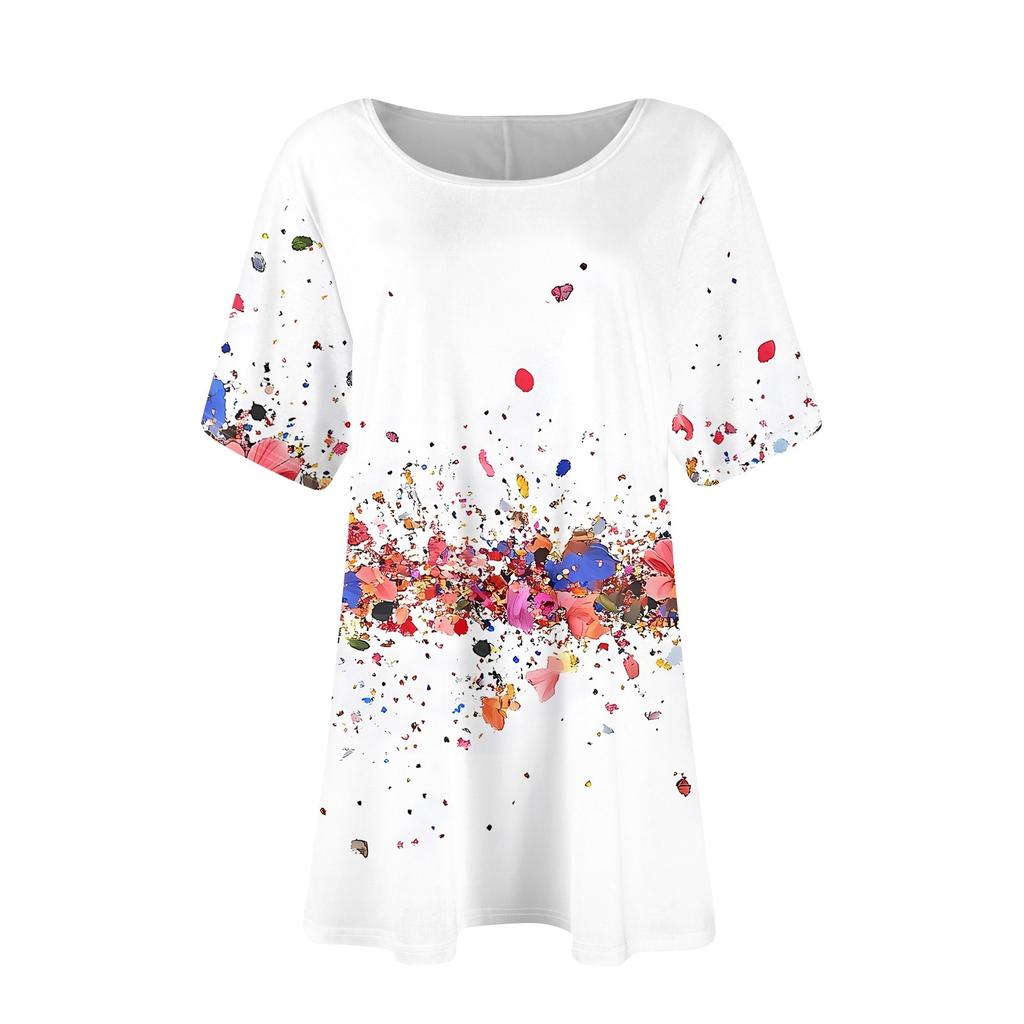 Женская мода большого размера с круглым вырезом и коротким рукавом, повседневный свободный пуловер с принтом