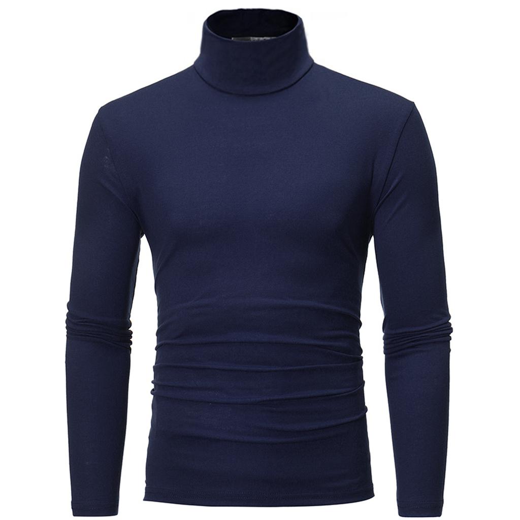 Men Casual High Neck Long Sleeve T-shirt Solid Color Slim Fit Pullover Undershirt Thermal Base Shirt