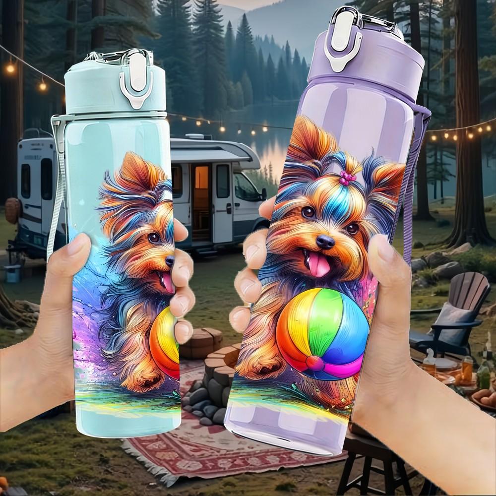 1PC Color Splash Yorkshire Terrier 750ml Color Plastic Sports Water Bottle Leakproof Flip Straw Lid For Sports Office Home Use