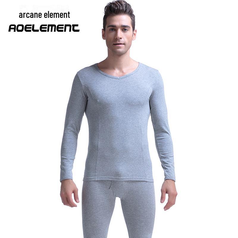 Комплект мужского хлопкового термобелья для молодежи – тонкий, облегающий, с V-образным вырезом, низким воротником, осенняя рубашка и брюки.