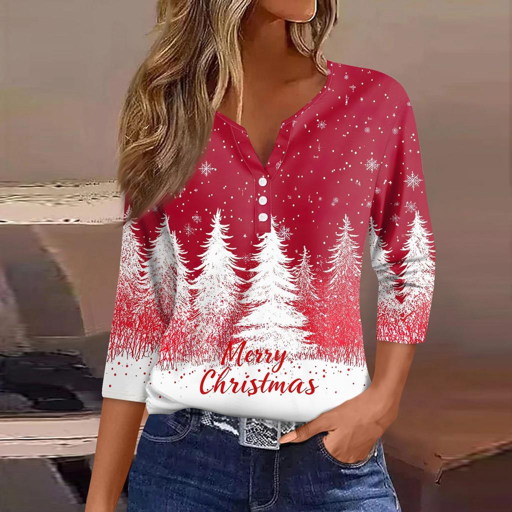 Women's T Shirt Christmas Print Button 3/4 Sleeve Daily Weekend Fashion Basic V- Neck Regular Top