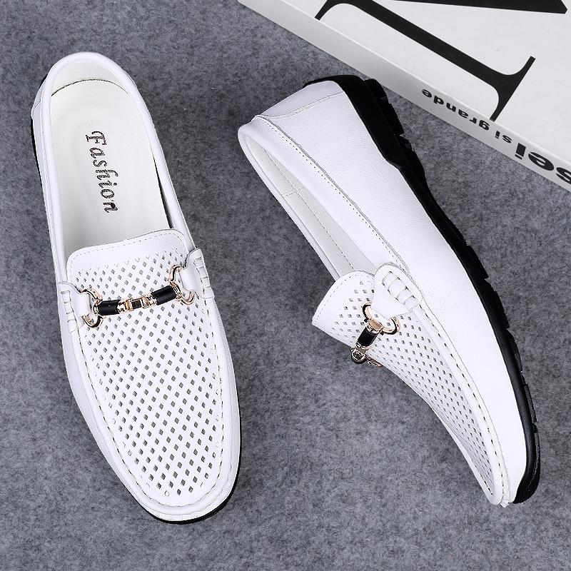 FashionHandmade White Men's Genuine Leather Loafers Wedding Party Men Shoes Luxury Elegant Dress Shoes for Men Breathable Mesh Flats
