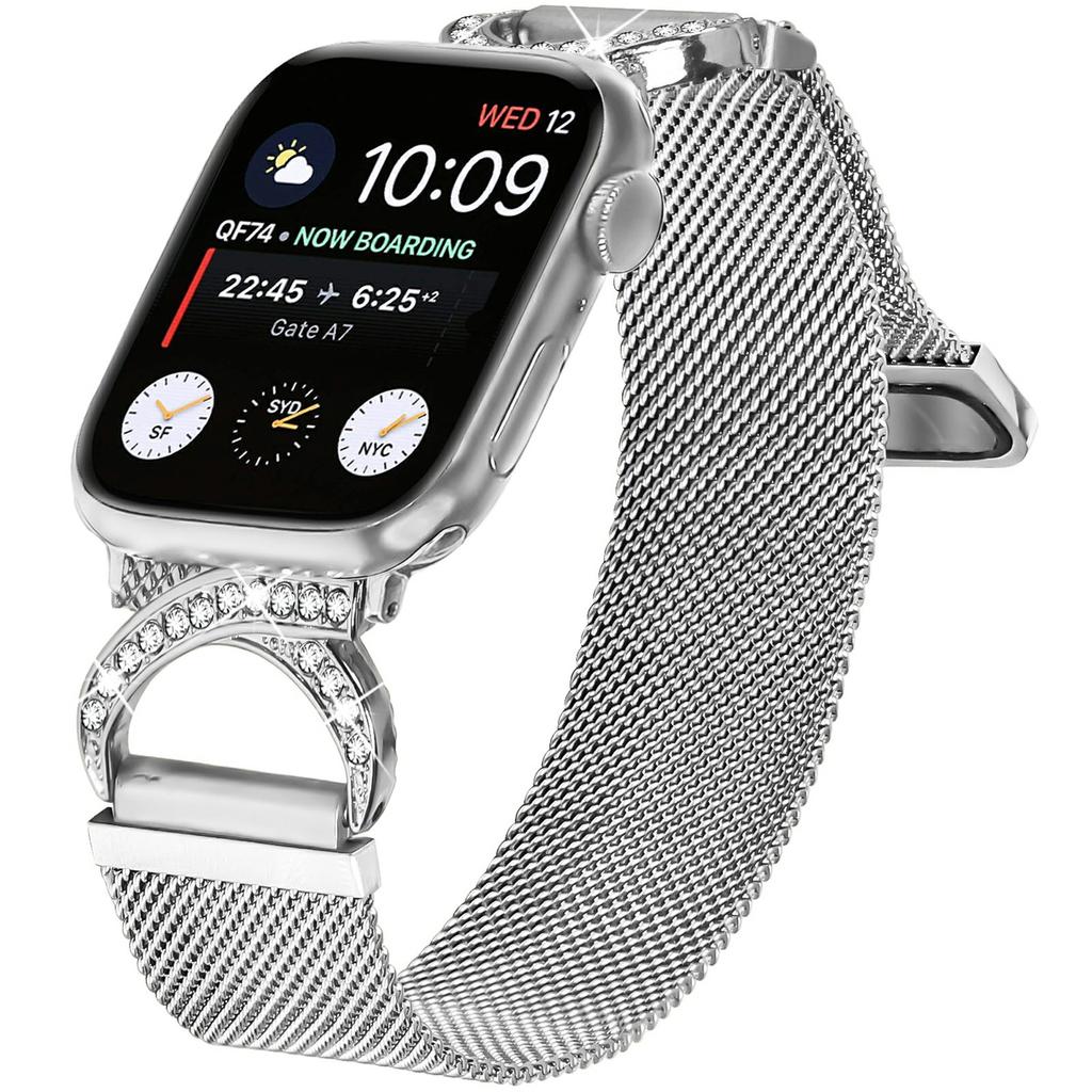 Ремешок для Apple Watch Series 10 Ultra 9 8 7 SE 6 5 4 3 2 1 46 мм 49 мм 45 мм 44 мм 42 мм Миланский серебристый металлический ремешок с украшением из стразов