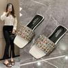 2025 лето стразы низкий каблук открытый носок большой размер верхняя одежда универсальная мода пляжные крутые шлепанцы женские