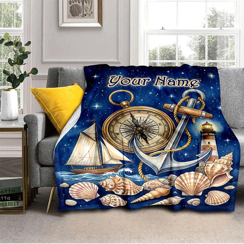 1PC Custom Name Nautical Starry Night Adventure flannel blanket versatile,all-season throw suitable for the living room,bedroom,camping,travel,and gif