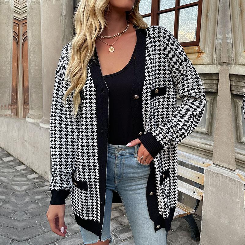 Women's Fashion Casual Houndstooth Print Autumn Winter Long Sleeve Jackets & Coats