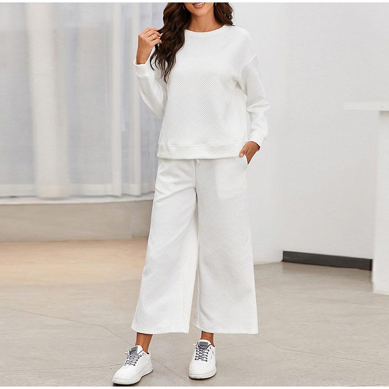 Autumn Women's Pure Color Wide Leg Pants Set Long Sleeved Round Neck Pullover Drawstring Pants Female Suit
