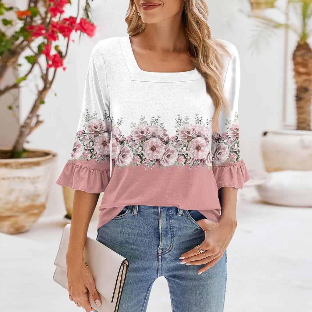 Женские повседневные топы с рукавами 3/4, летние футболки с квадратным вырезом, свободные туники с рюшами, блузки-туники