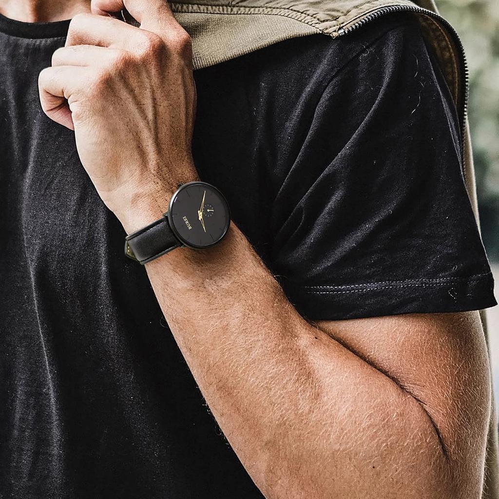 BUREI Men's Black Watch, Simple, Stylish, Popular, Waterproof, Designer Watch (Black-Gold, Leather)