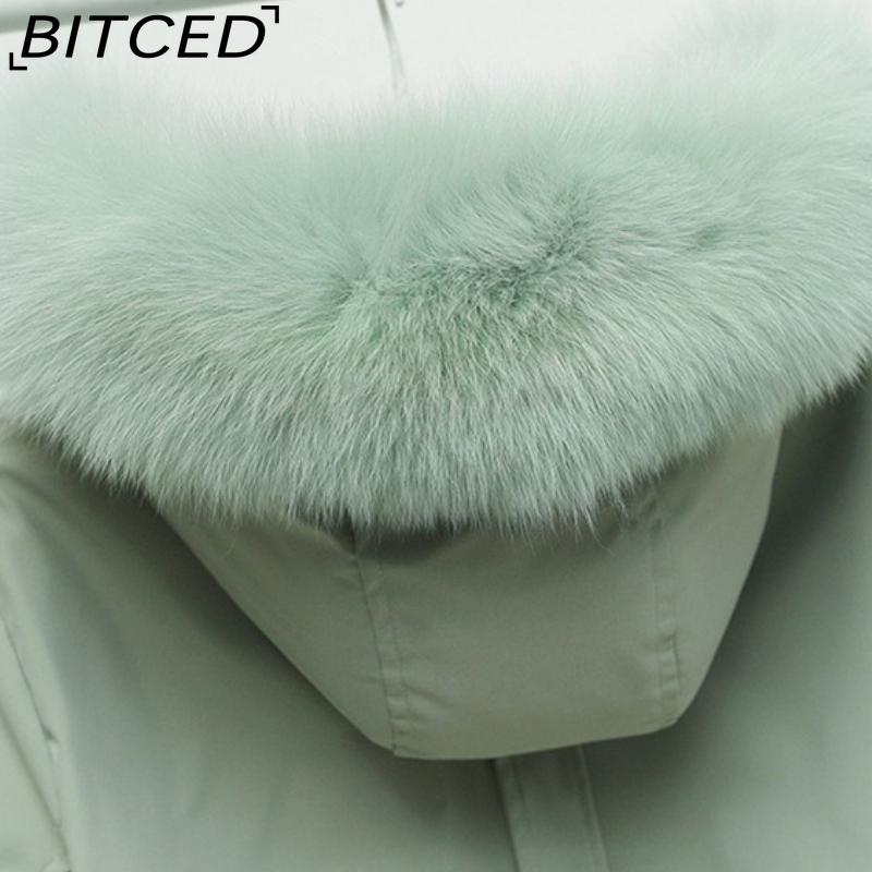 BITCED Women's Winter Mid-Length Cotton Coat with Fleece Lining, Large Fur Collar, Plus Size, Short Waist-Defining Jacket
